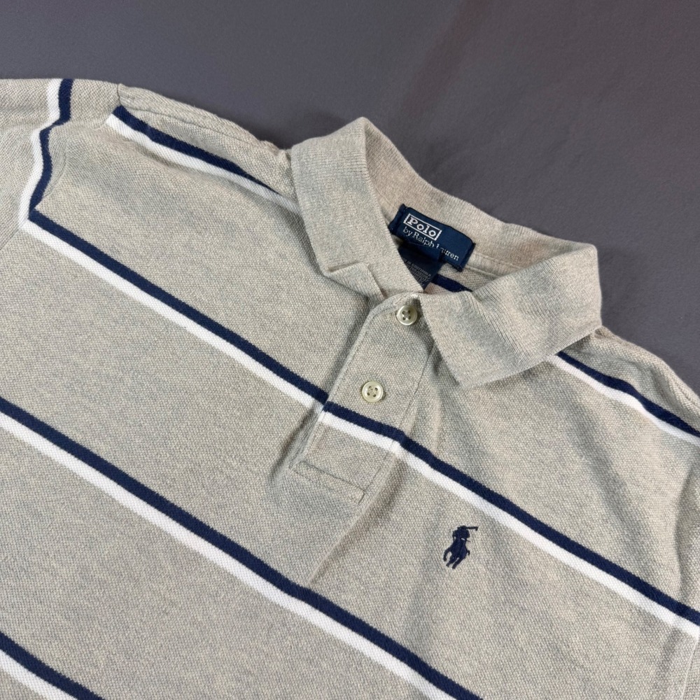 Polo Ralph Lauren Boys Grey Striped Pique Polo Shirt Size M 12-14 Short Sleeve